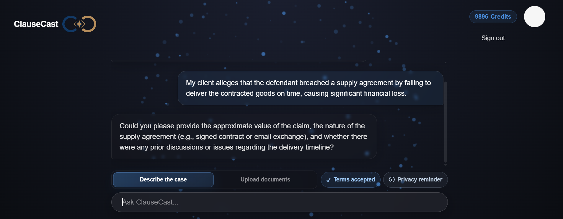 ClauseCast evaluation workspace showing a fictional breach-of-contract scenario and a targeted clarification question